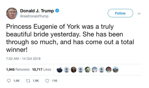 «Опять позор!»: Дональд Трамп опозорился, когда поздравлял принцессу Евгению со свадьбой – сеть